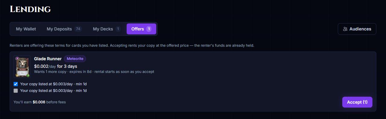 The Lending page's Offers tab showing an offer on Glade Runner at $0.002 per day for 3 days, two of the lender's copies to choose from, and an Accept button