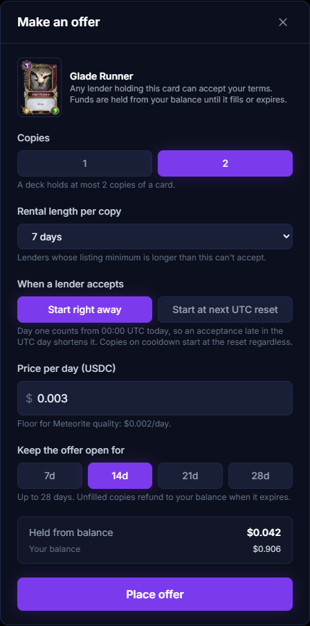The Make an offer dialog for Glade Runner: two copies, 7 days each, start right away, $0.003 per day, open for 14 days, with the amount held from balance shown at the bottom