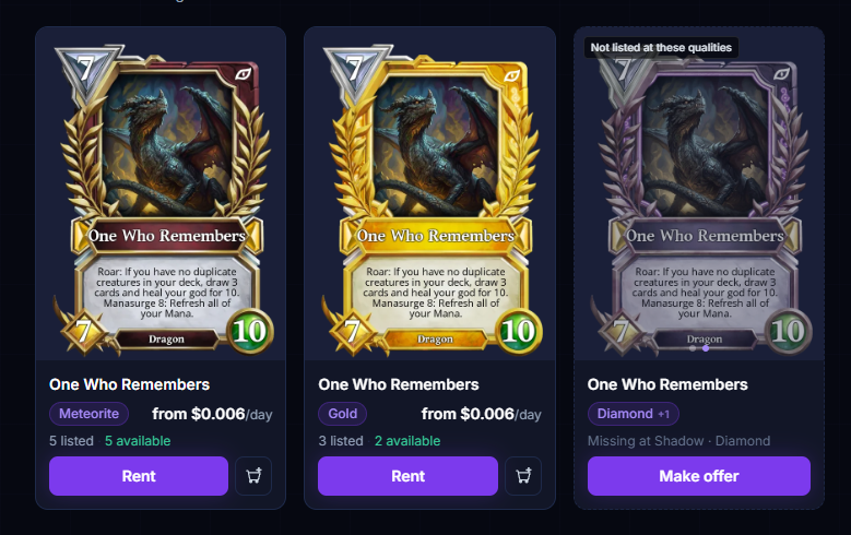 Search results for One Who Remembers: listed Meteorite and Gold tiles with Rent buttons, then a dashed tile marked Not listed at these qualities showing Diamond +1 and Missing at Shadow, Diamond, with a Make offer button