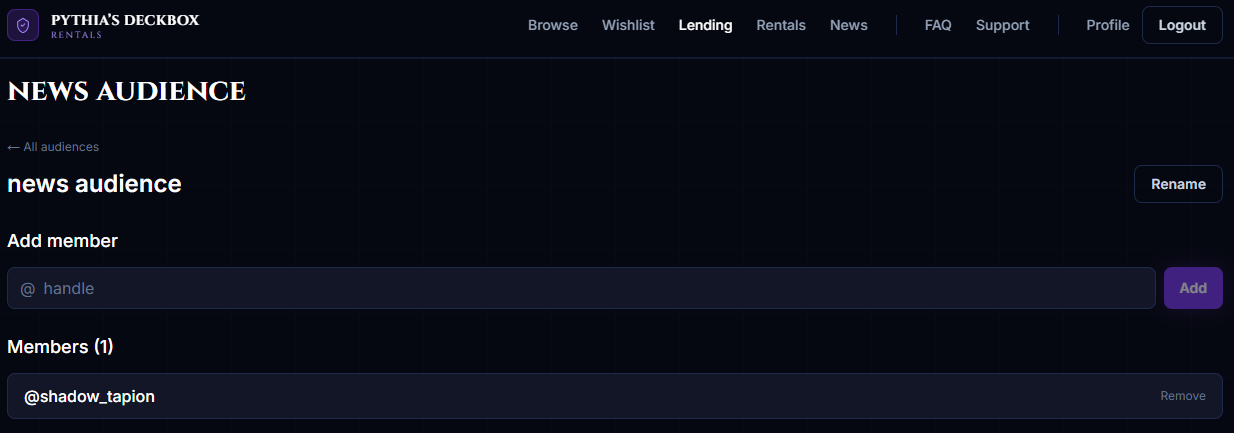 Audience detail page with the add-by-handle input and current member list