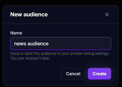 Create Audience modal with a name input