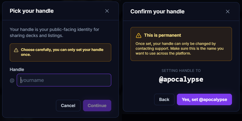 Handle creation modal with availability check and confirmation step