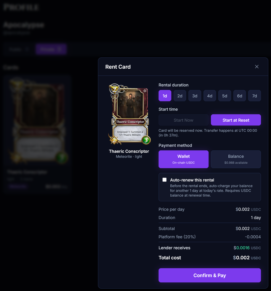 Renting a card from the Private tab of a Lender's public profile