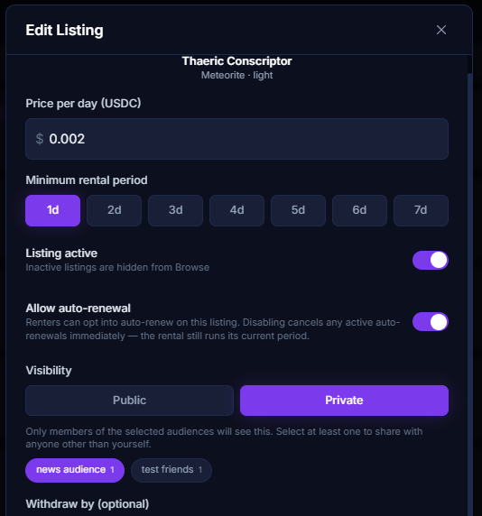 Listing edit modal with Visibility set to Private and an Audience attached